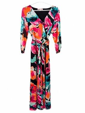 Harlow & Rose vibrant Abstract Floral Wrap Maxi Dress XL Belted Long Sleeve